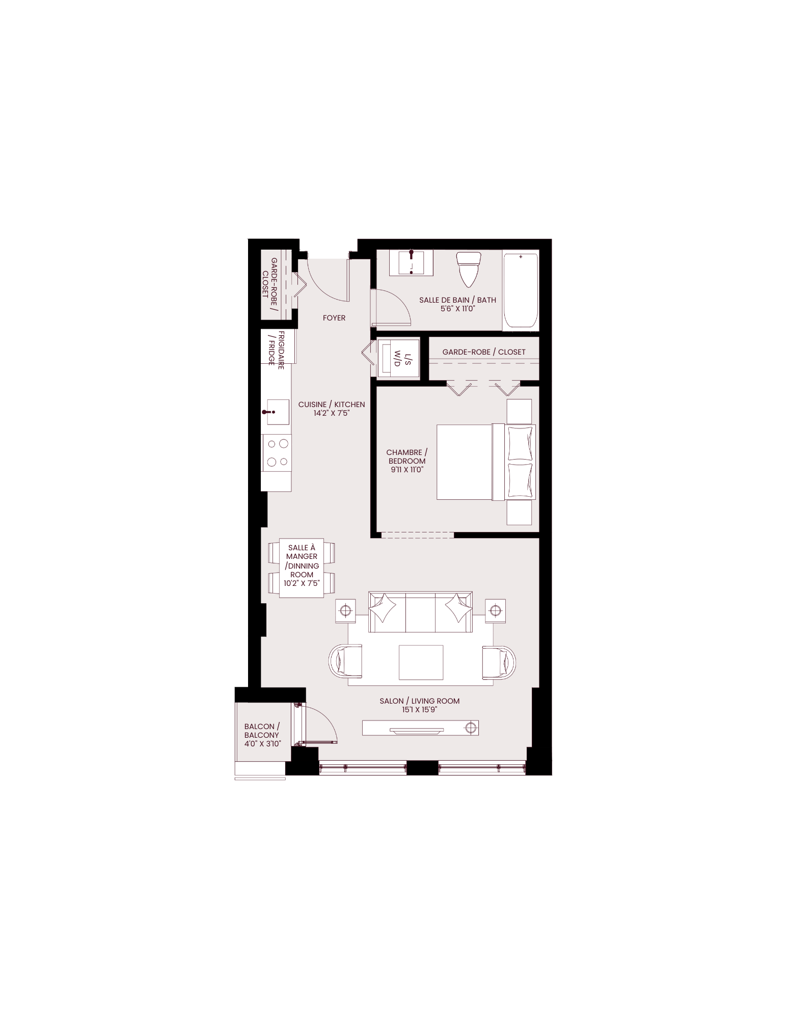 Floor plan for 1 bed, 1 bath, 693 sqft